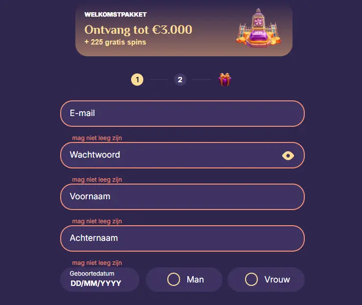 Registratieformulier van Spinchester Casino